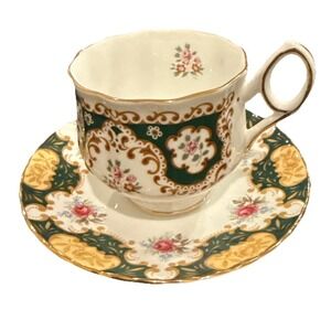 Queens Rosina Green Emperor Bone China England Floral Tea Cup Saucer Vintage